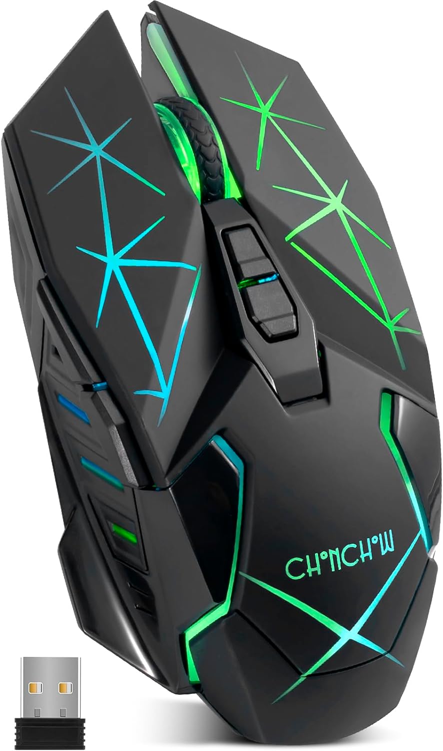 CHONCHOW Wireless Gaming Mouse with Side Buttons and LED Light for PC Laptop Computer, Rechargeable, 2.4G USB, Cordless, 3,200 DPI, 7 Buttons, RGB Backlit for PS4 Xbox Chromebook, Windows Mac