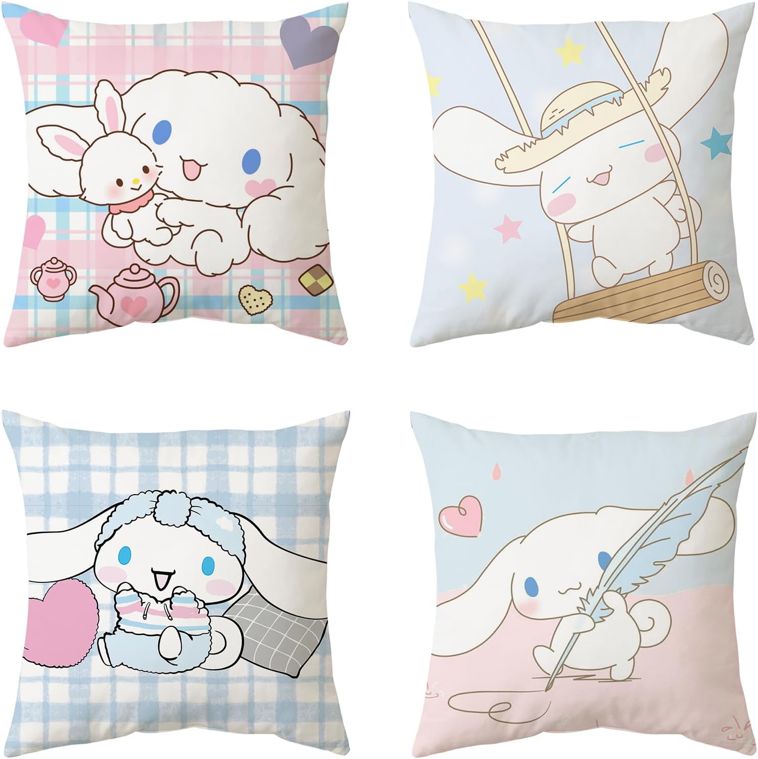 Kawaii Throw Pillow Covers Set of 4, Cute Cartoon Anime Decorative Pillows Covers for Bed and Couch/Sofa, 18x18 Inch Pillow Cases for Bedroom and Living Room (C)