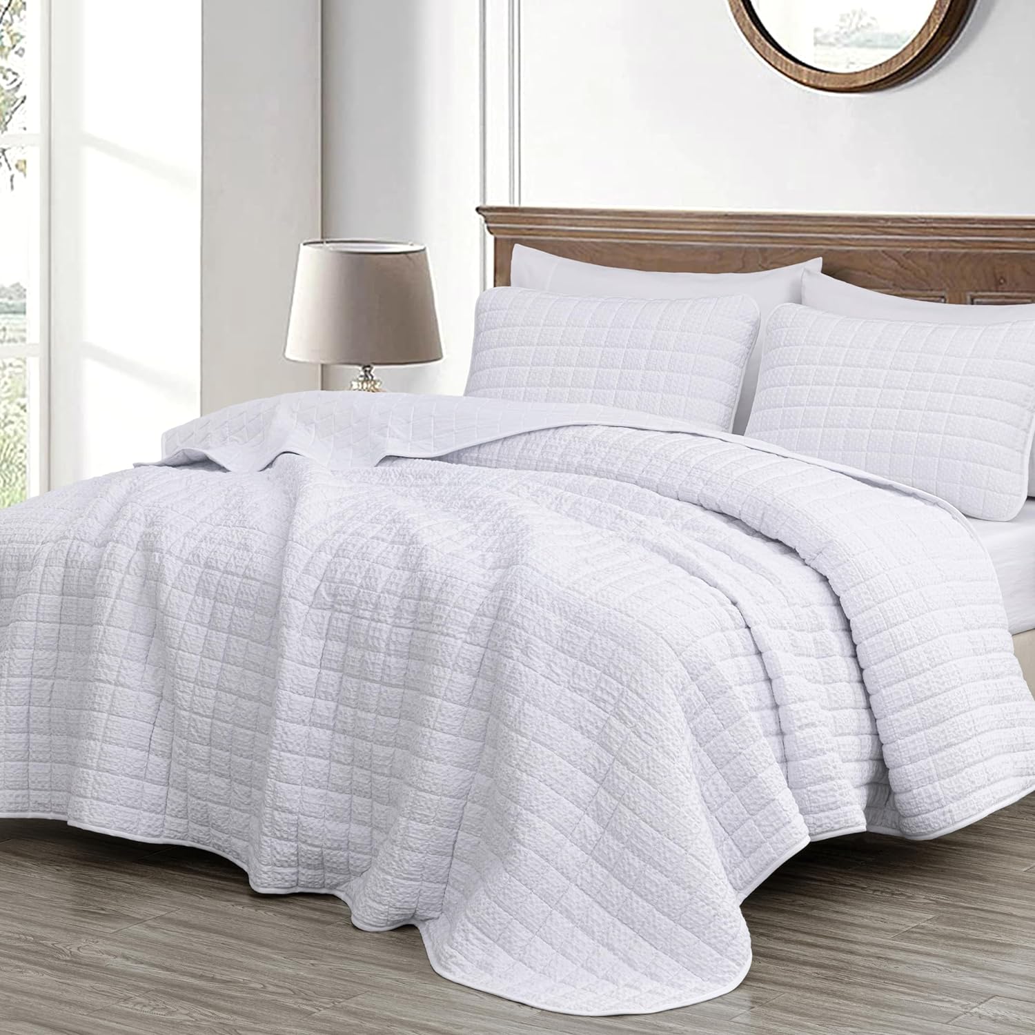 Chezmoi Collection Wilmer 3-Piece Waffle Quilt Set King Size, White, Soft and Cozy Waffle Weave Textured Lightweight Bedspread for All Season Quilt (110x98in)   2 King Pillow Shams