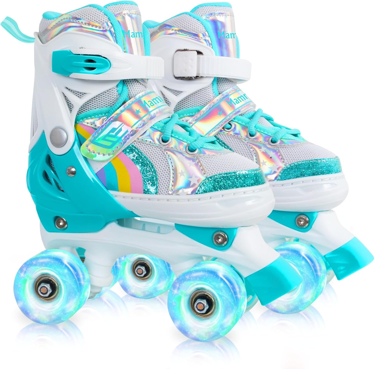 MammyGol Roller Skates for Girls Kids, 4 Size Adjustable Rainbow Quad Skates with All Light Up Wheels for Toddlers Boys Outdoor Indoor