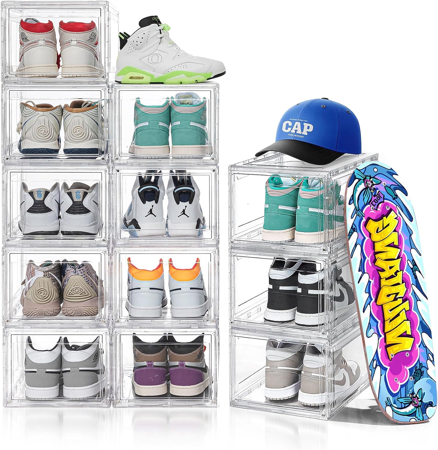 12 Pack Large Shoe Boxes Clear Stackable, Foldable Shoe Container Boxes that Fits Up to Size 14 Shoes