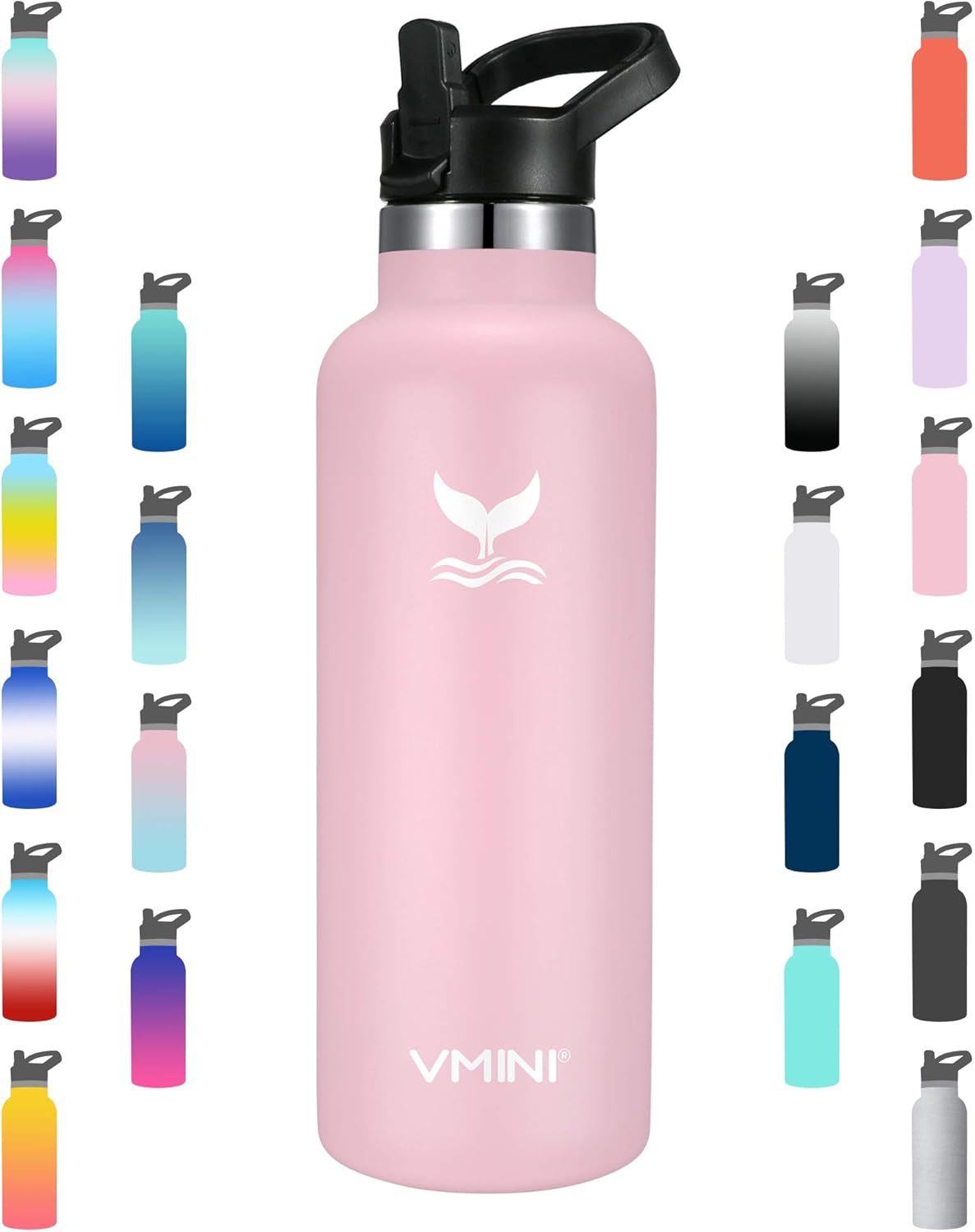 Vmini Water Bottle - Standard Mouth Stainless Steel & Vacuum Insulated Bottle, New Straw Lid with Wide Handle, Pink & 22 oz