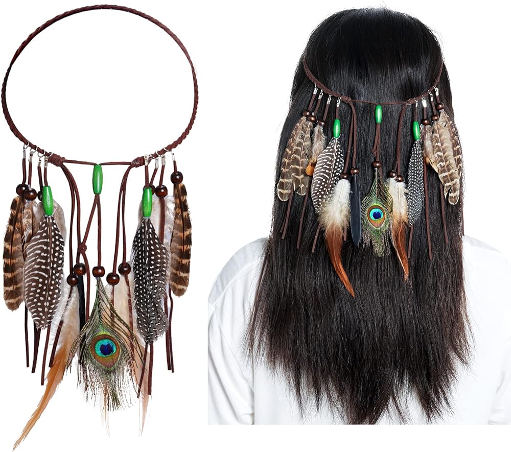 Indian Feather Headband Boho Feather Headbands Festival Costumes Head Dress with Feathers for Women and Girls