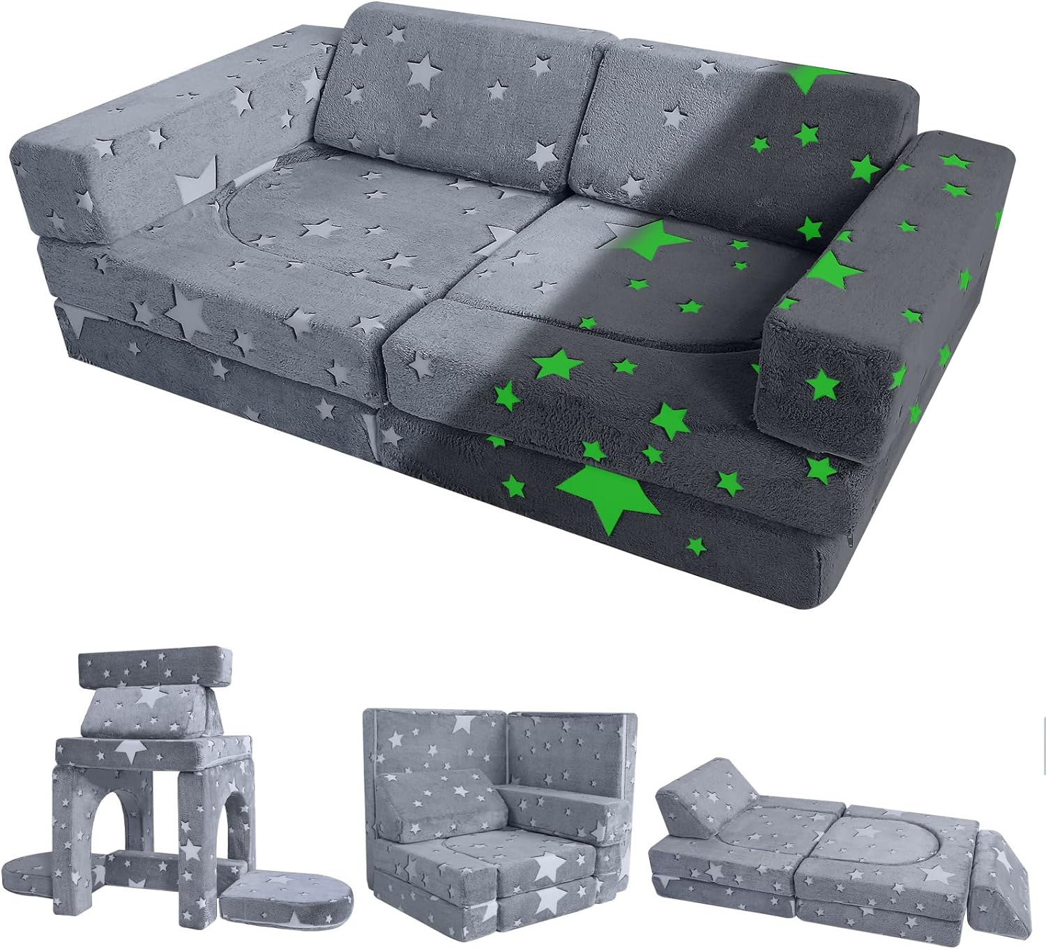 MeMoreCool Kids Couch Sofa 10-Piece, Toddler Glow Star Sofa for Playroom, Fold Out Foam Couch for Girl Boy, Convertible Modular Play Set