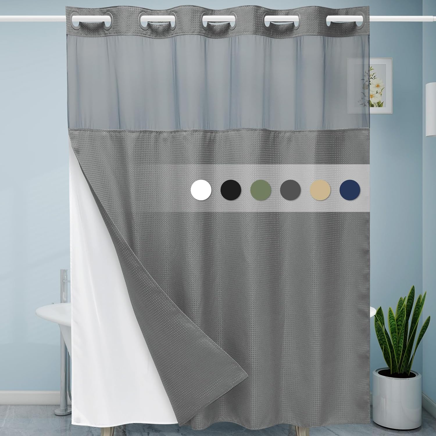 Grey Shower Curtain and Liner Set - 230GSM Waffle Weave Textured Heavy Duty,Hotel Luxury Weighted Bath Curtain,71W x 74H