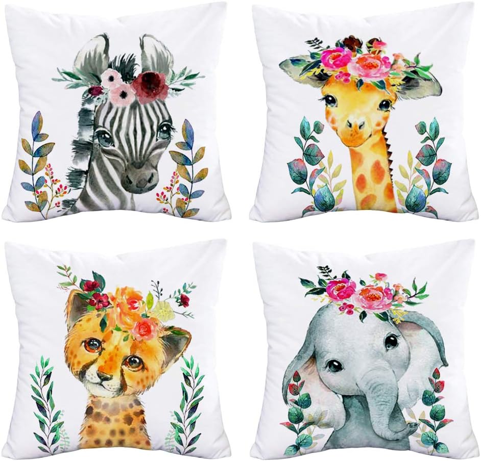 Watercolor Cartoon Animal Throw Pillow Cases Farmhouse Zebra Giraffe Leopard Elephant with Beautiful Floral Decorative Cushion Covers Super Soft Adorable Animal Pillowcases 18x18 Set of 4