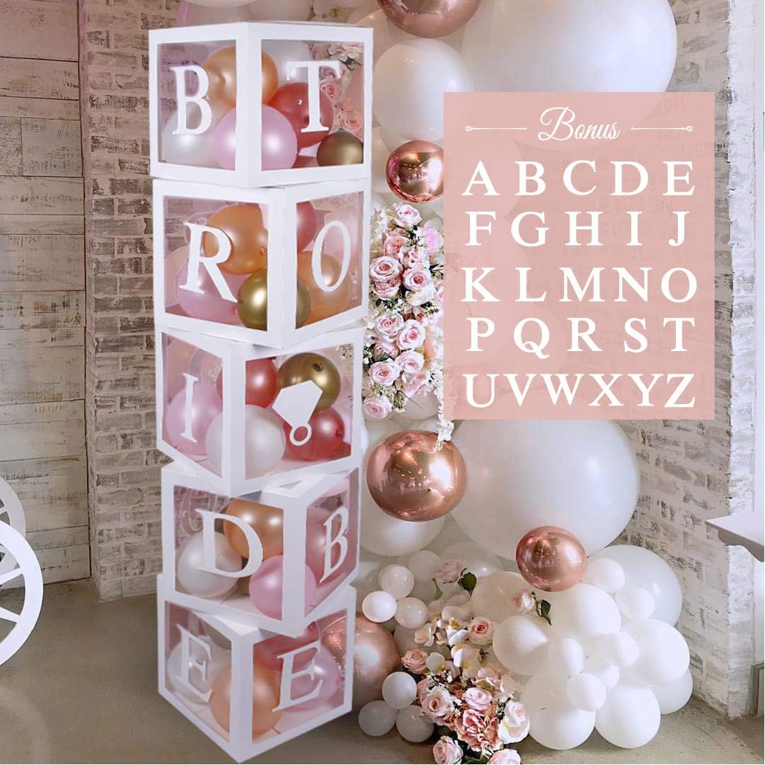 96 PC Bridal Shower Decorations Balloon Boxes White- Transparent Block with BRIDE TO BE + GROOM + A - Z Letters and 40 Balloons- Engagement Bachelorette Parties Weddings Centerpieces Photo Booth Props