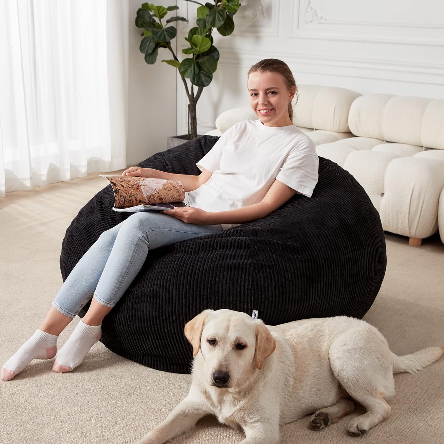 Homguava Bean Bag Chair: Teardrop Bean Bags with Memory Foam Filled, Compact Beanbag Chairs Soft Sofa with Corduroy Cover (Black)