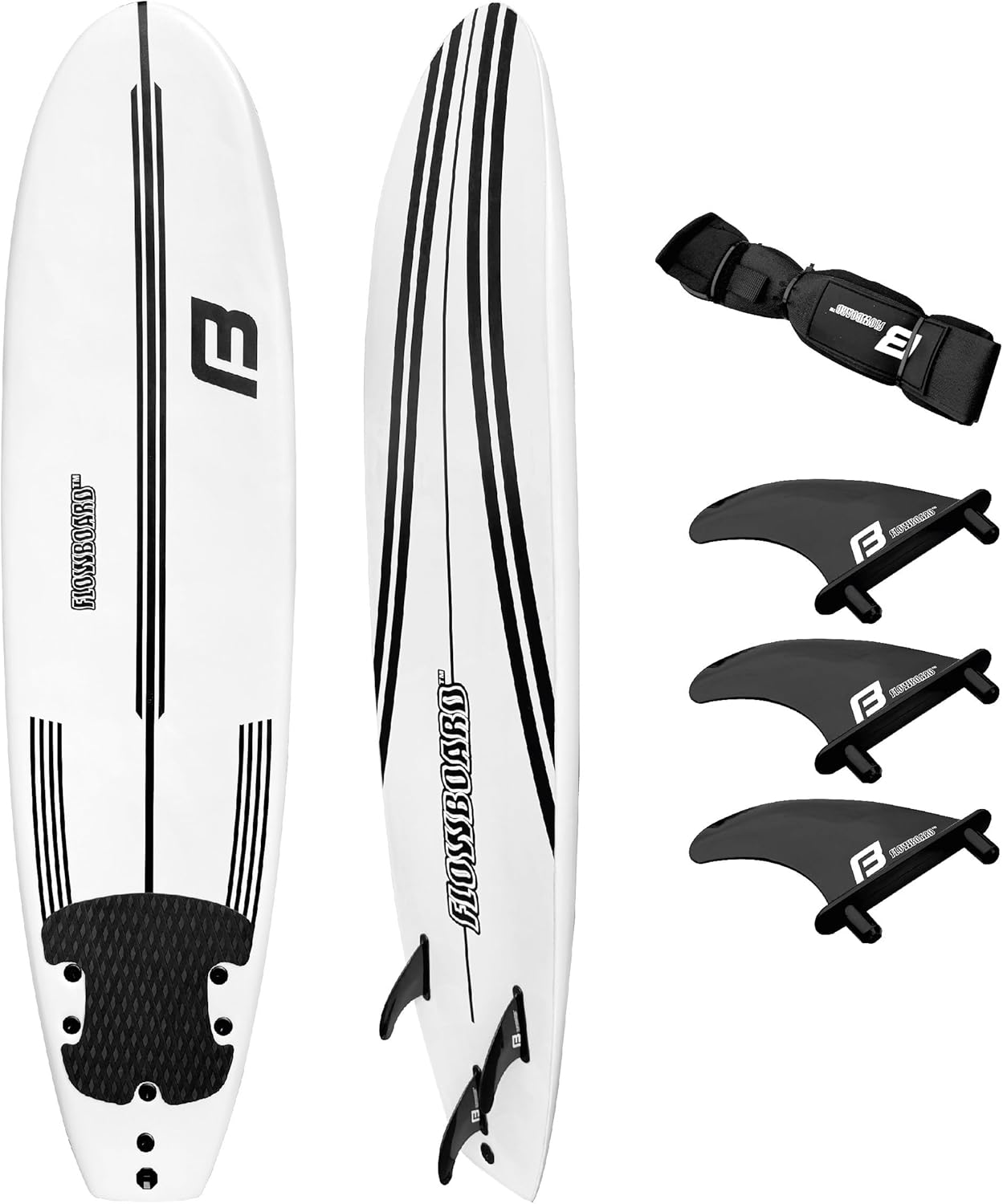 FLOWBOARD Surfboard Softboard Foam 6 and 7 and 8' - includes (3) Fins 6 Foot Long Leash and (2) Wood Stringers - Kids & Adults - Beginner to Intermediate - Comes with High Performance Traction Pad