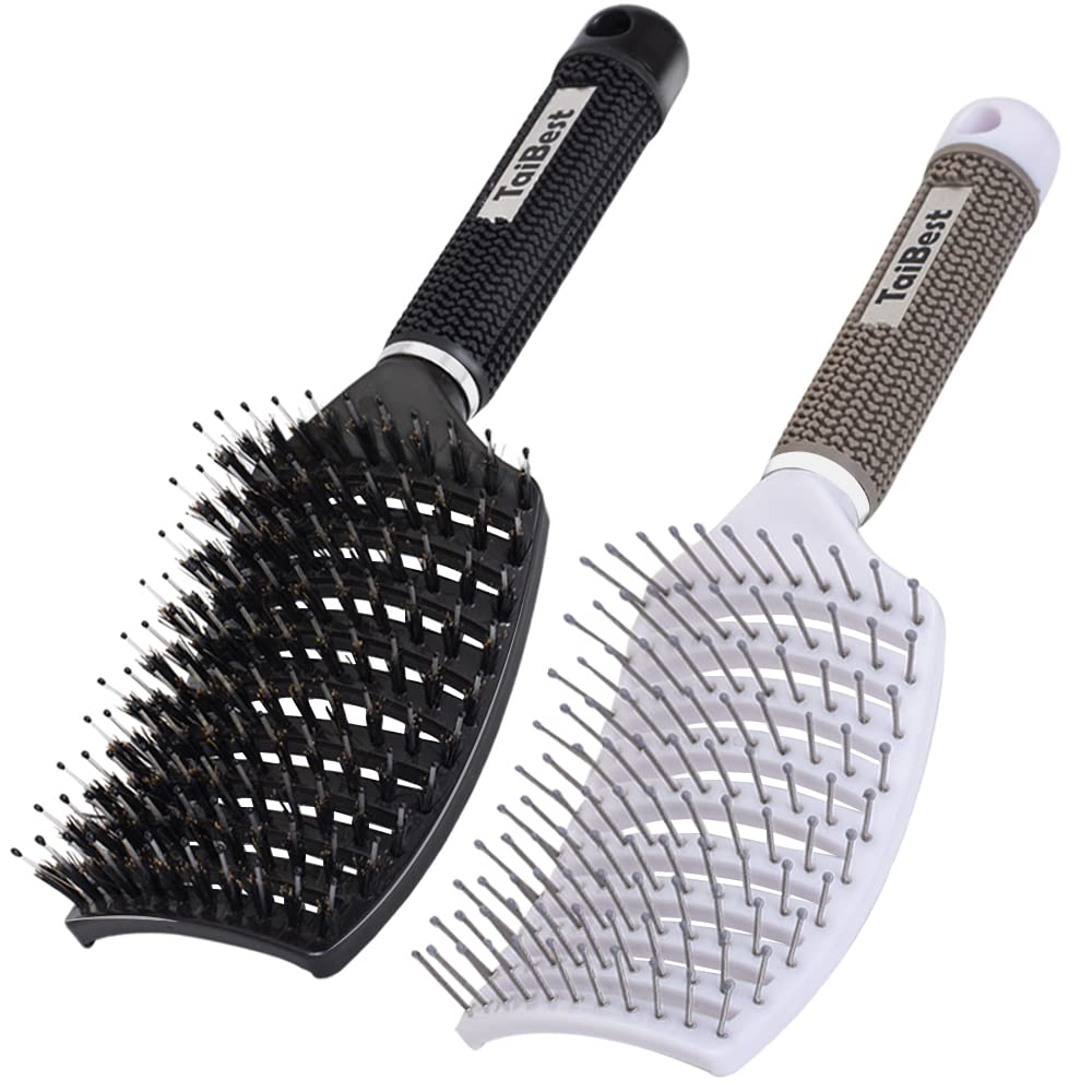 Boar Bristle Hair Brush Set - Dry/Wet Hair Brush Detangler for Fine, Thick, Curly Hair - Curved and Vented Hair Brush for Women, Men or Kids