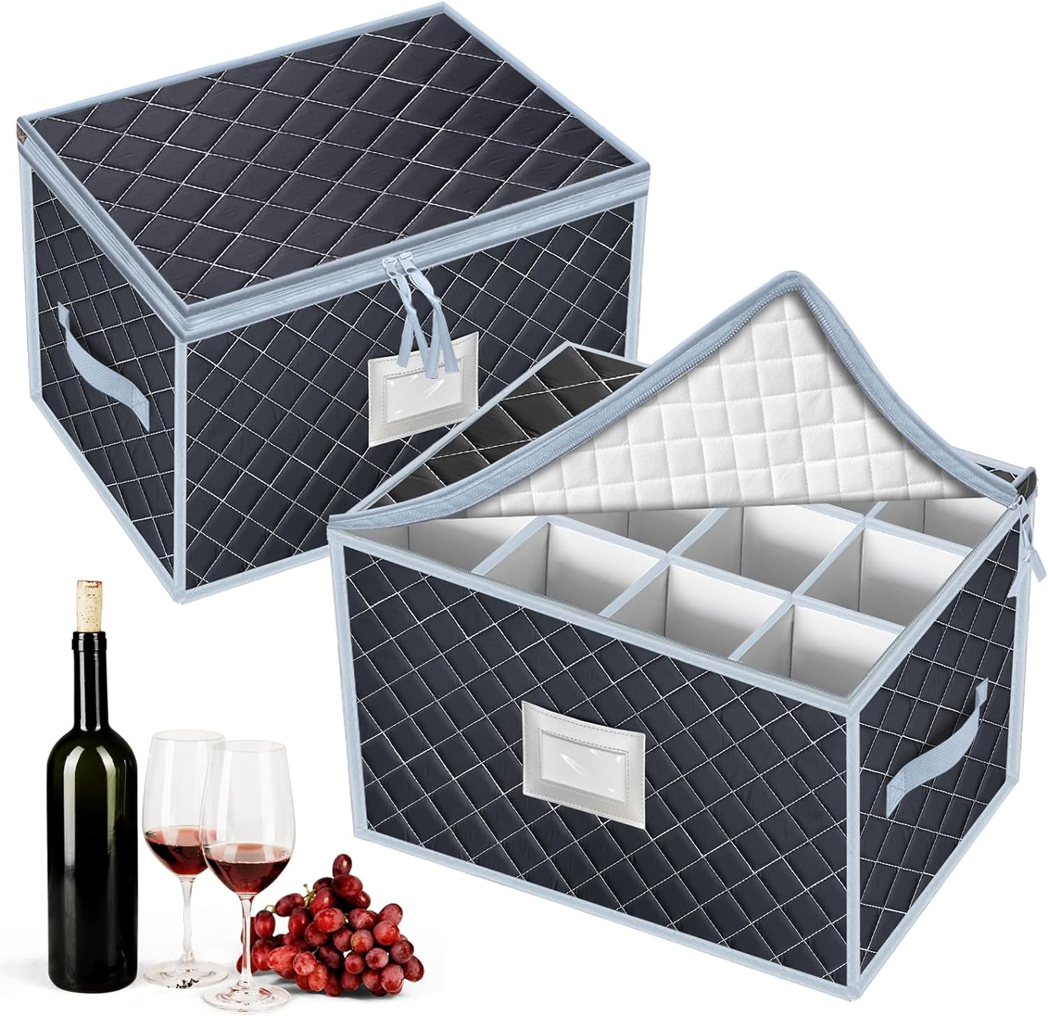 VERONLY Wine Glass Storage Box with Dividers Holds 24 Stemware Storage Cases or China Crystal Glassware Containers with Handles and Lable Window (15.5" x 12.5"x10")-Set of 2 Grey