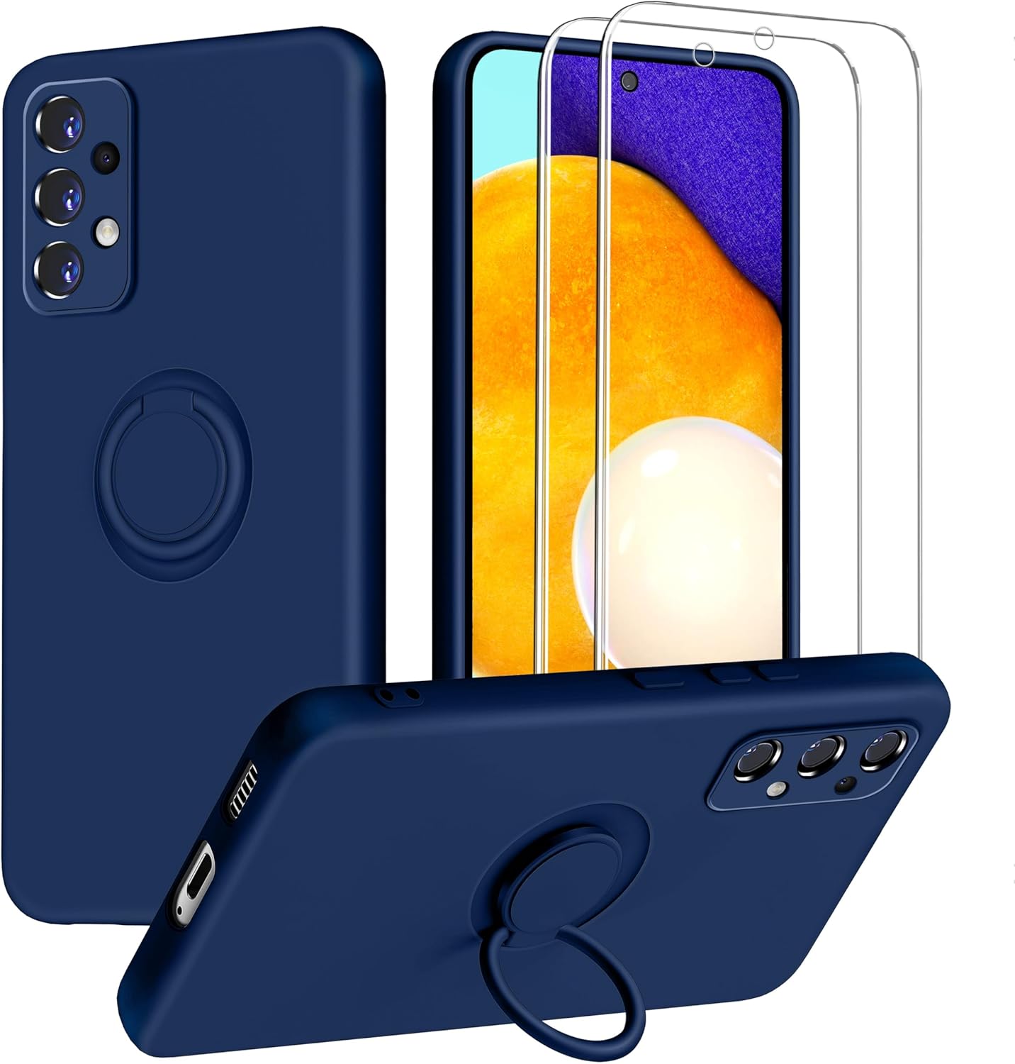 Dssairo for Samsung Galaxy A52 5G Phone Case, Ring Stand [360 Rotatable Ring Holder] with 2 Screen Protector, with Full Camera Cover Protection, Silicone Slim Protective Phone Case (Navy Blue)