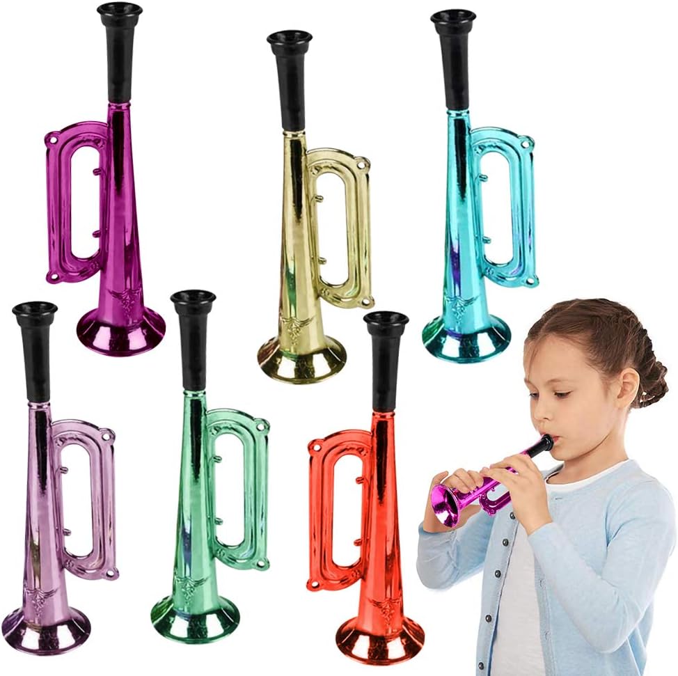 ArtCreativity 7 Inch Metallic Trumpets, Set of 12, Fun Plastic Musical Instruments Noise Makers for Parties and Events, Music Toys for Kids, Cool Birthday Party Favors for Boys and Girls