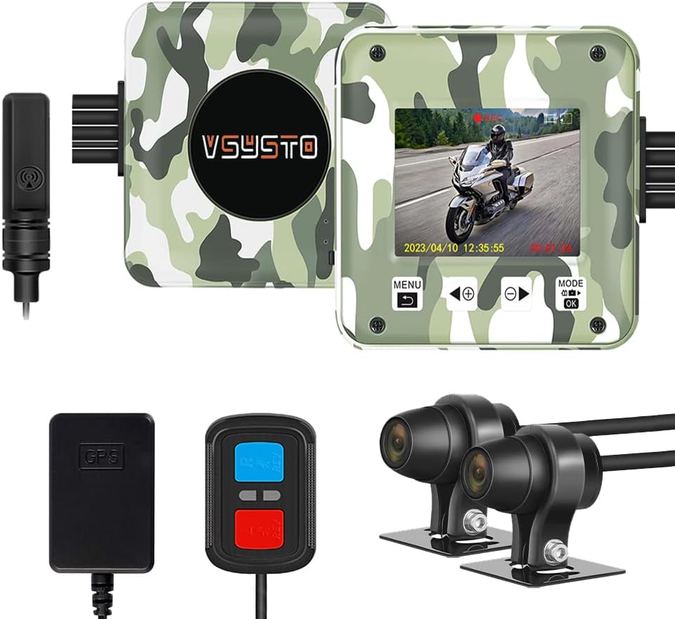 2 Inch Screen WiFi Motorcycle Dash Camera HD 1080P Front and Rear Camera, Full Body Waterproof DVR with GPS, High Speed Download Videos, Remote Control Take Pictures (Camouflage-S6P)