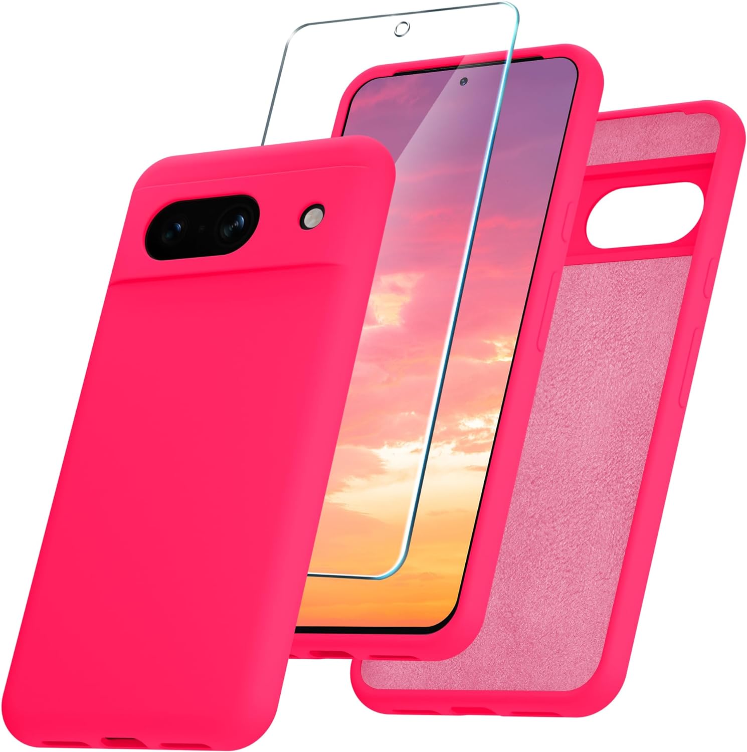 for Google Pixel 8a Case, Silicone Phone Case with 1 Screen Protector, Soft Anti-Scratch Microfiber Lining, Full Body Shockproof Slim Cover Support Wireless Charging, Hot Pink