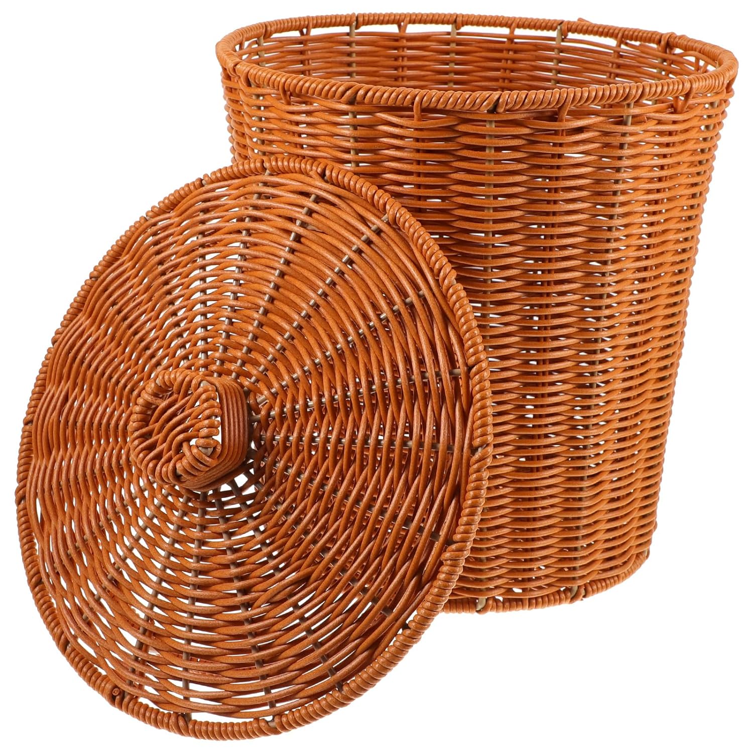 Wicker Waste can with lid: Woven Trash Basket Wicker Wastebasket Round Garbage Container bin for Bathroom Bedroom Home Office