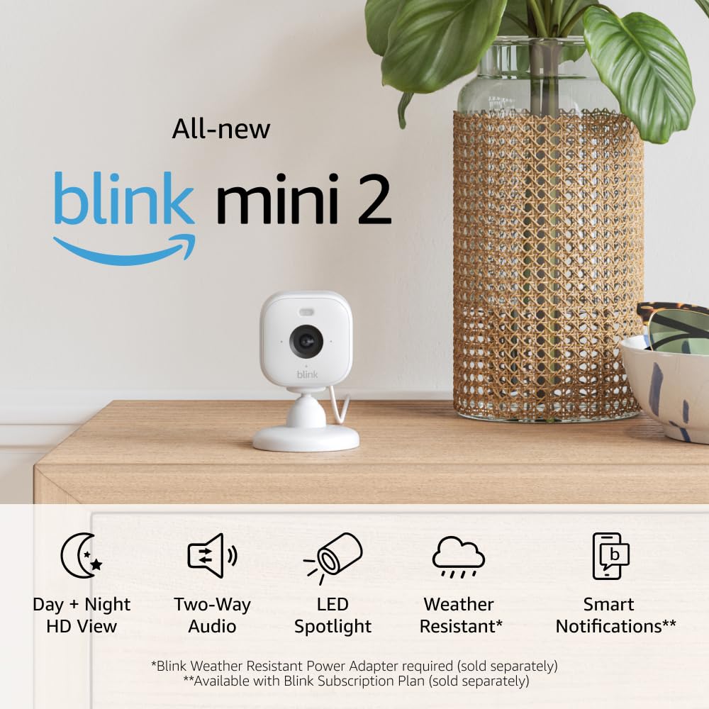 All-new Blink Mini 2  Plug-in smart security camera, HD night view in color, built-in spotlight, two-way audio, motion detection, Works with Alexa (White)