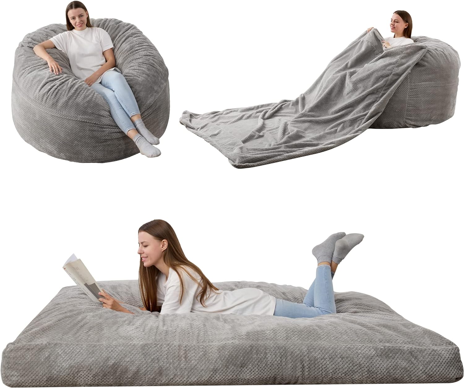HABUTWAY Bean Bag Chair, Giant Bean Bag Chair with Washable Chenille Cover Ultra Soft, Convertible Bean Bag from Chair to Mattress, Huge Chenille Bean Bags for Adult, Couples, Family - Grey Full