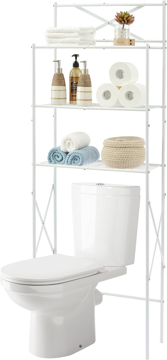 Tajsoon Over The Toilet Storage Shelf 3-Tier Bathroom Organizer Over Toilet with X-Shaped Frame, Multifunctional Toilet Storage Shelf, Stable Freestanding Space Saver Rack for Restroom, Laundry, White