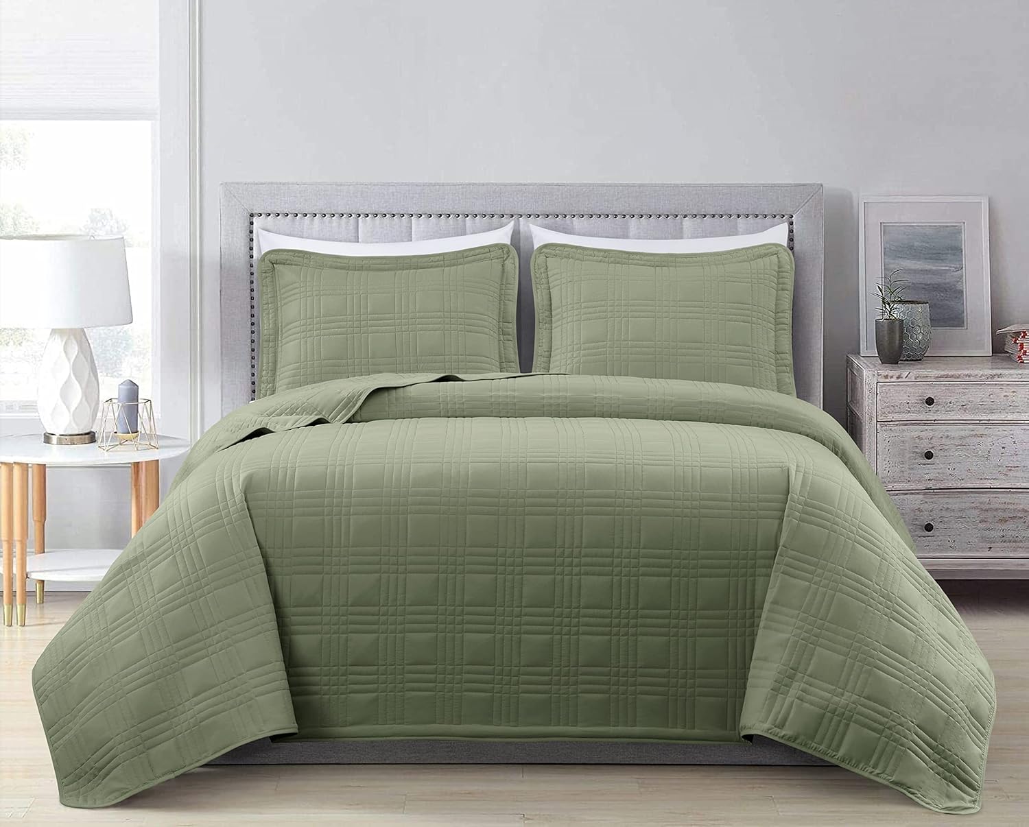 Chezmoi Collection Kingston 3-Piece Oversized Bedspread Coverlet Set (Queen, Sage)