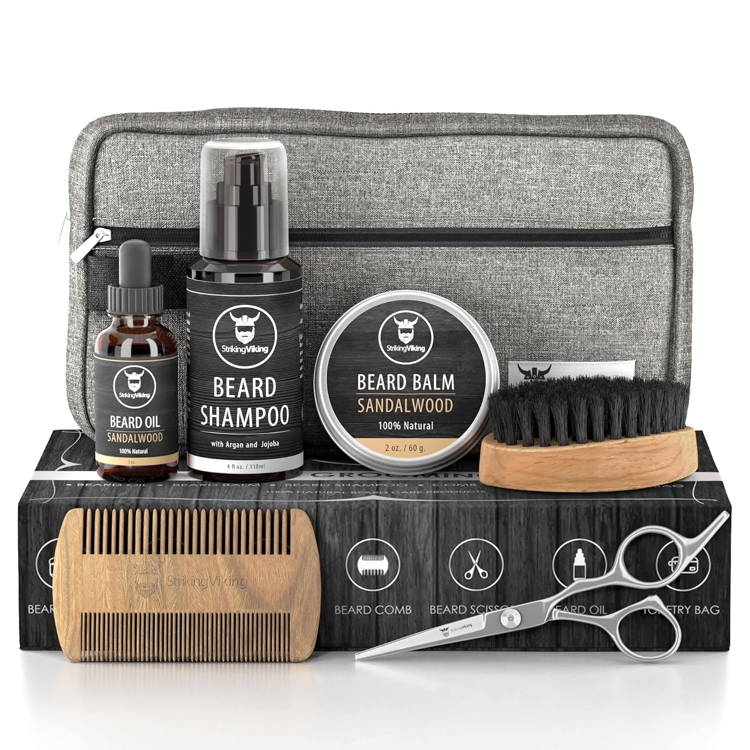 Striking Viking Beard Grooming Kit - Premium Beard Care Products for Men  Beard Shampoo, Beard Oil, Beard Balm Butter, Beard Brush, Wooden Comb, Mustache Scissors, & Toiletry Bag