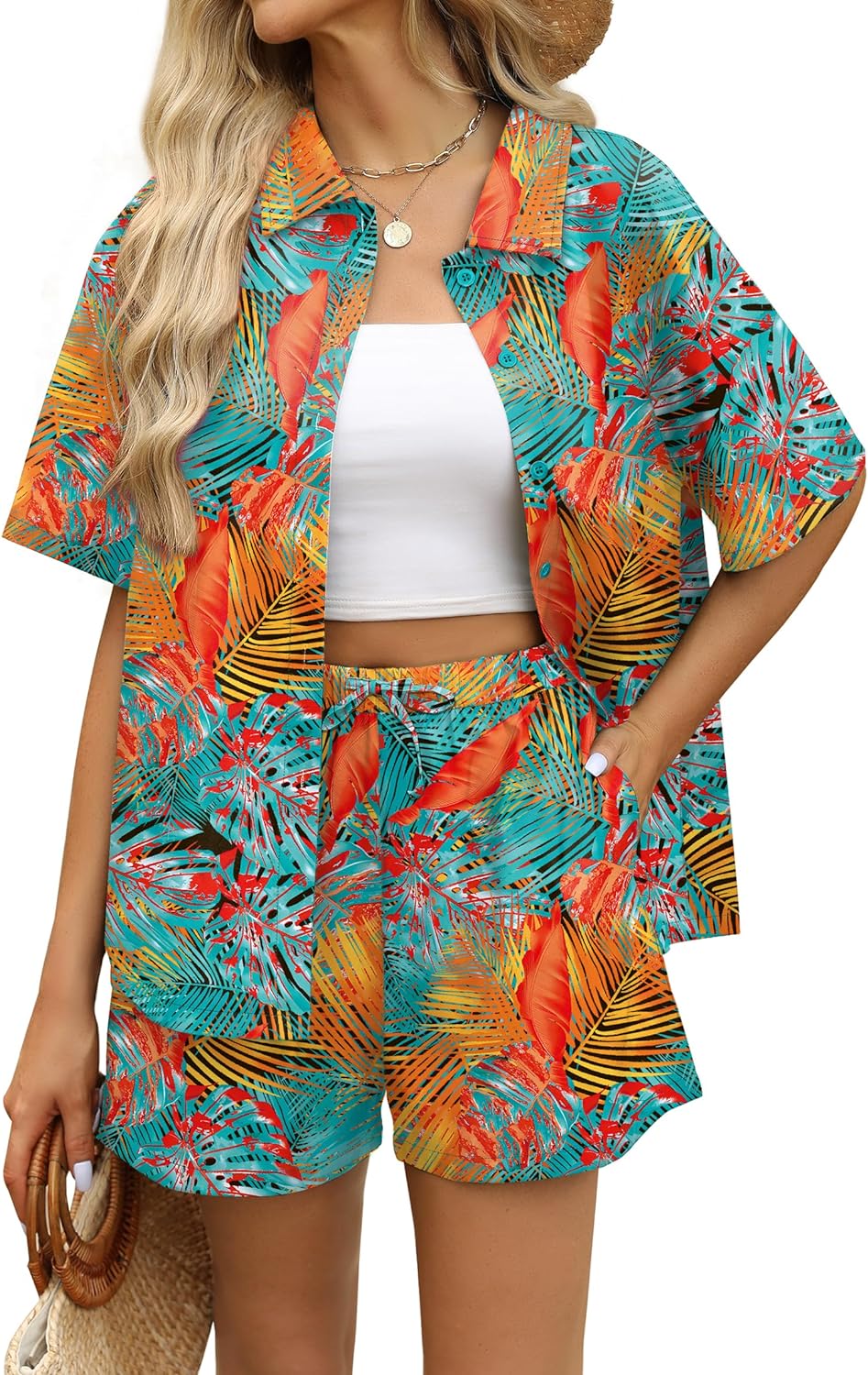 WIHOLL Women's Summer 2 Piece Outfits Short Sleeve Printed Lounge Sets Beach Vacation