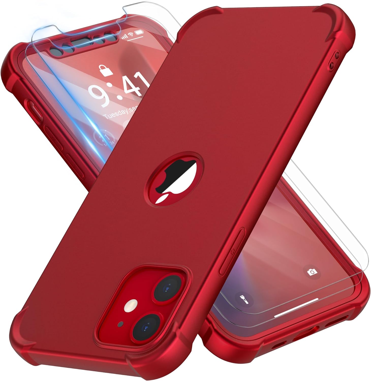 ORETECH for iPhone 12 Mini Case, with [2 x Tempered Glass Screen Protector] 360Heavy Duty Hard PC Shockproof Phone Case for iPhone 12 Mini Cover-5.4 - Red