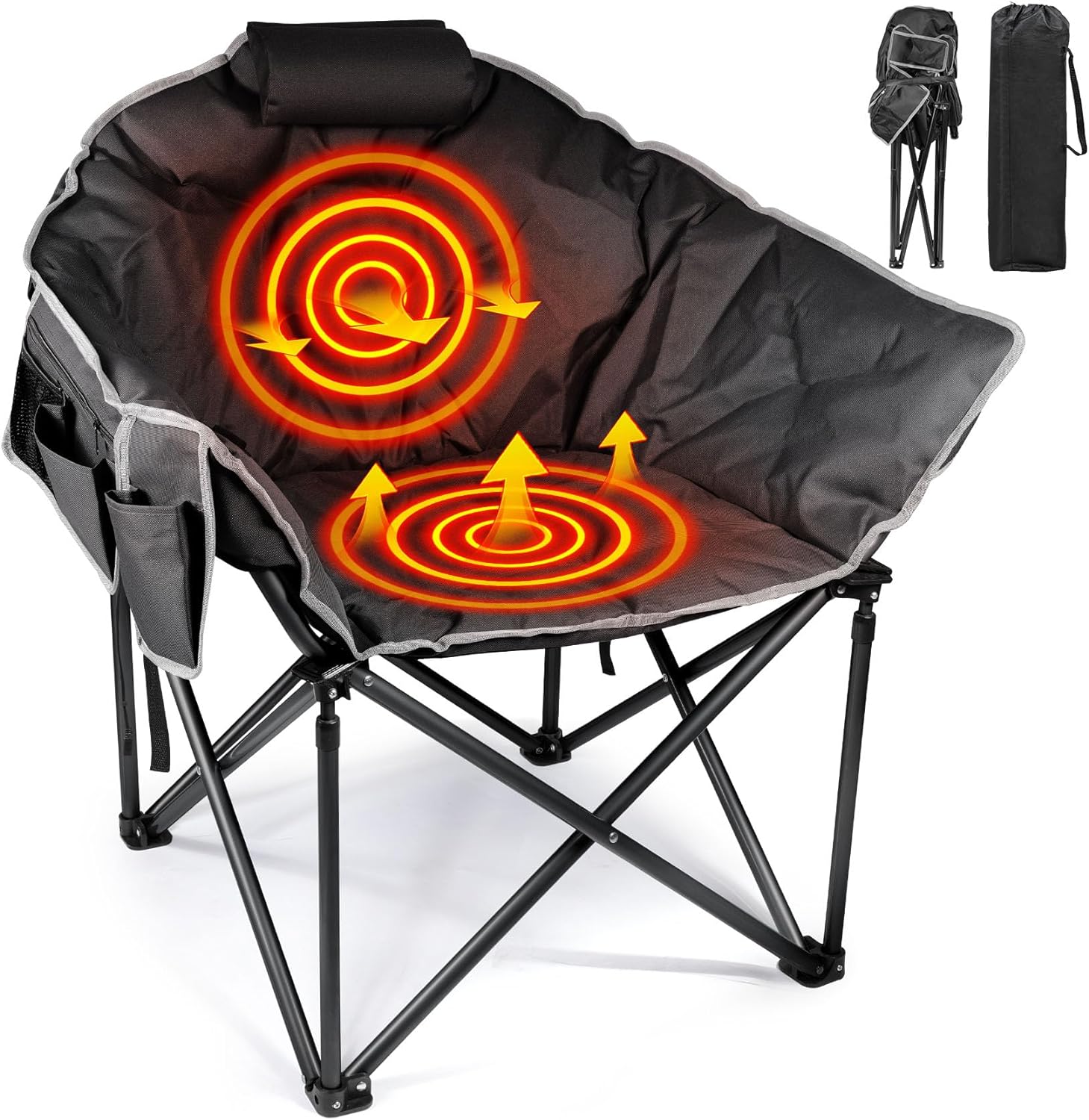 Suteck Heated Camping Chair, Oversized Heated Chairs Outdoor Sports W/3 Heat Levels for Back & Seat, Portable Folding Heated Lawn Chairs for Patio Outdoor Travel, (Battery NOT Included)