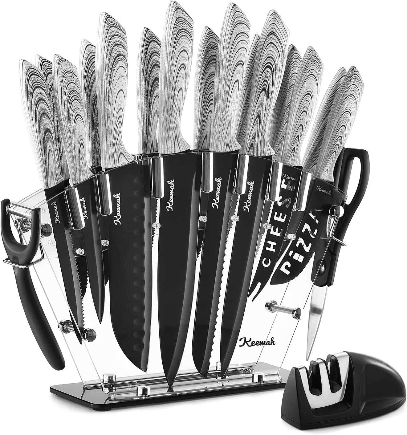 19 Pieces Kitchen Knife Set, 15 Stainless Steel Knives with Wood Texture Handle, Acrylic Stand, Scissors, Peeler and Knife Sharpener