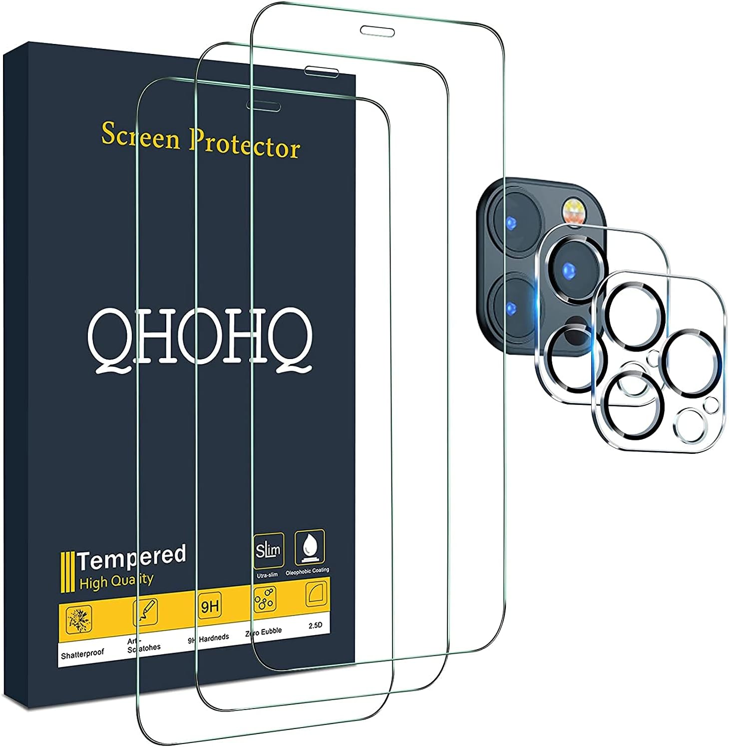 QHOHQ 3 Pack Screen Protector for iPhone 12 Pro Max 6.7 with 2 Pack Tempered Glass Camera Lens Protector, Ultra HD, 9H Hardness, Scratch Resistant, Easy Install - Case Friendly