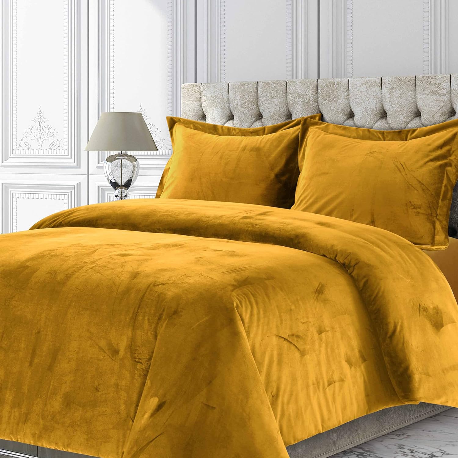 Tribeca Living Venice Velvet Oversized Solid Duvet Set, Twin, Gold, VENICEDUVETWGOL