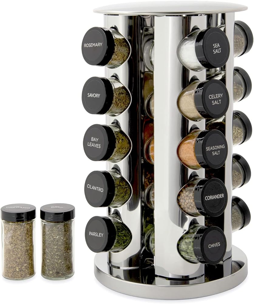 Great for the price.  Has every spice I need.  Quality stand that looks great.  Very happy with this spice rack!