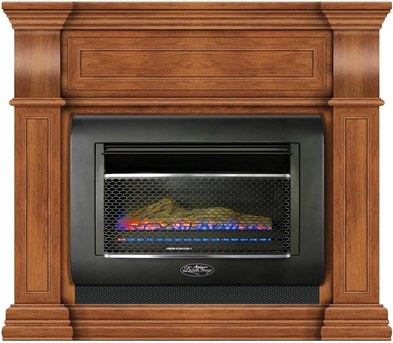 Duluth Forge Dual Fuel Ventless Gas Fireplace System with Mantle, Thermostat Control, 1 Fire Logs, Use with Natural Gas or Liquid Propane, 26000 BTU, Heats up to 1400 Sq. Ft., Toasted Almond Finish