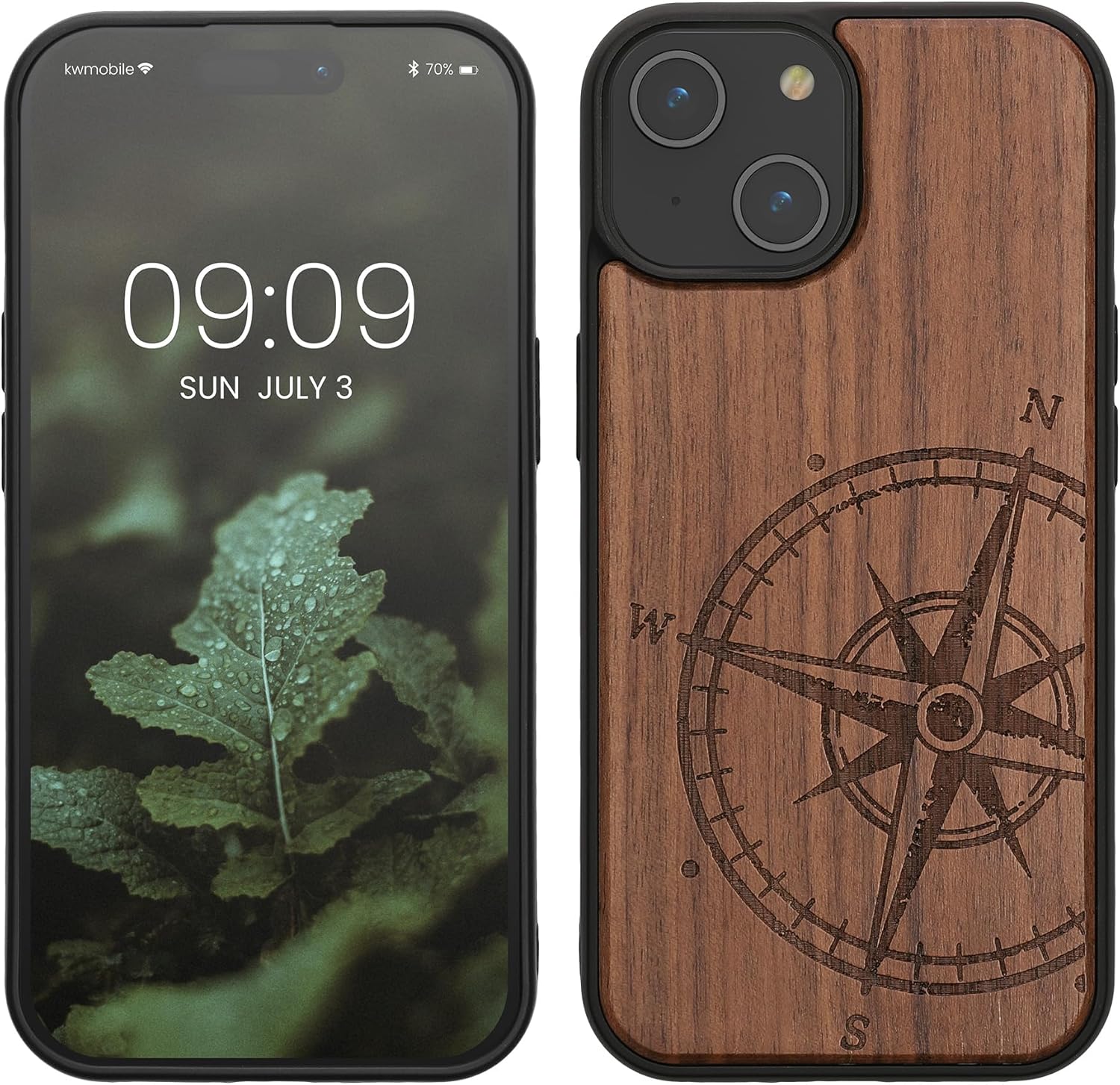 kwmobile Wood Case Compatible with iPhone 15 Case - Cover - Navigational Compass Dark Brown