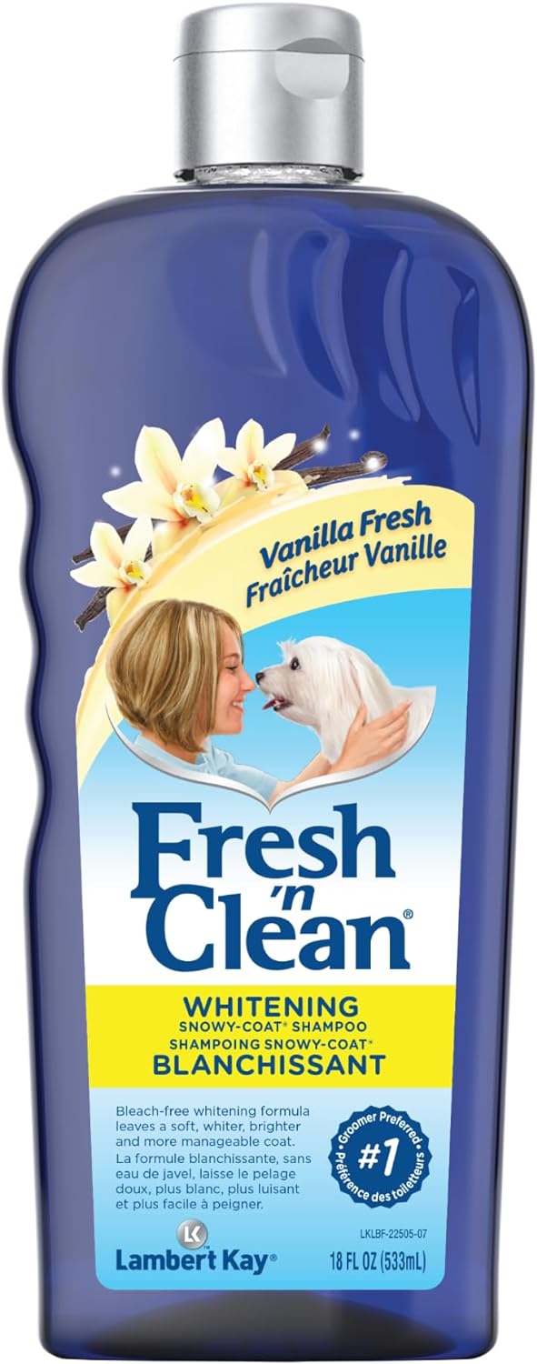 Pet-Ag Fresh n Clean Whitening Snowy-Coat Shampoo, Vanilla Scent - 18 oz - Bleach-Free Formula to Correct Yellow Discoloration - Strengthens & Moisturizes Coats - Soap Free