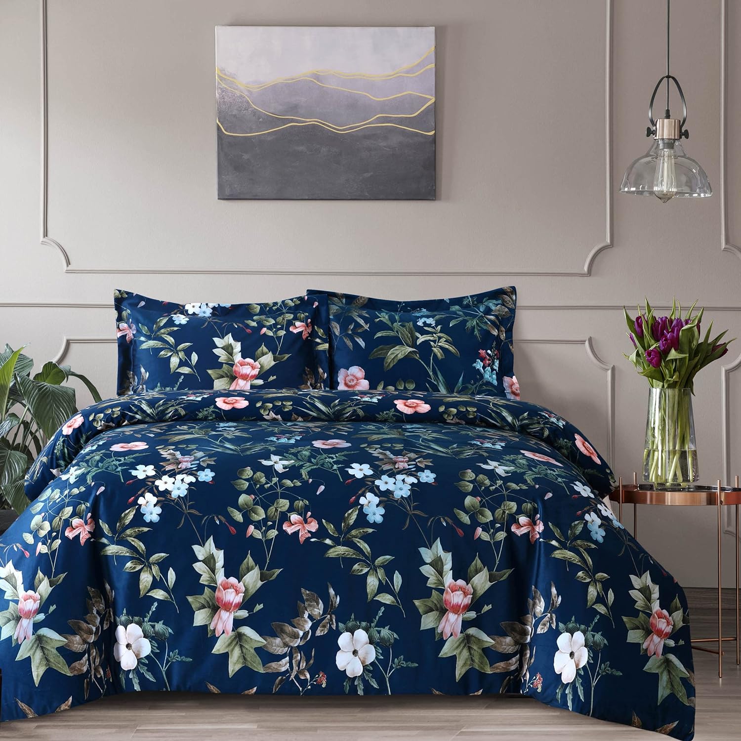 Tribeca Living Velvet Floral Printed King Duvet Cover Set, Soft Touch, Oversized, Luxury Three Piece Set Includes One Duvet Cover and Sham Pillowcases, Calla Multicolor