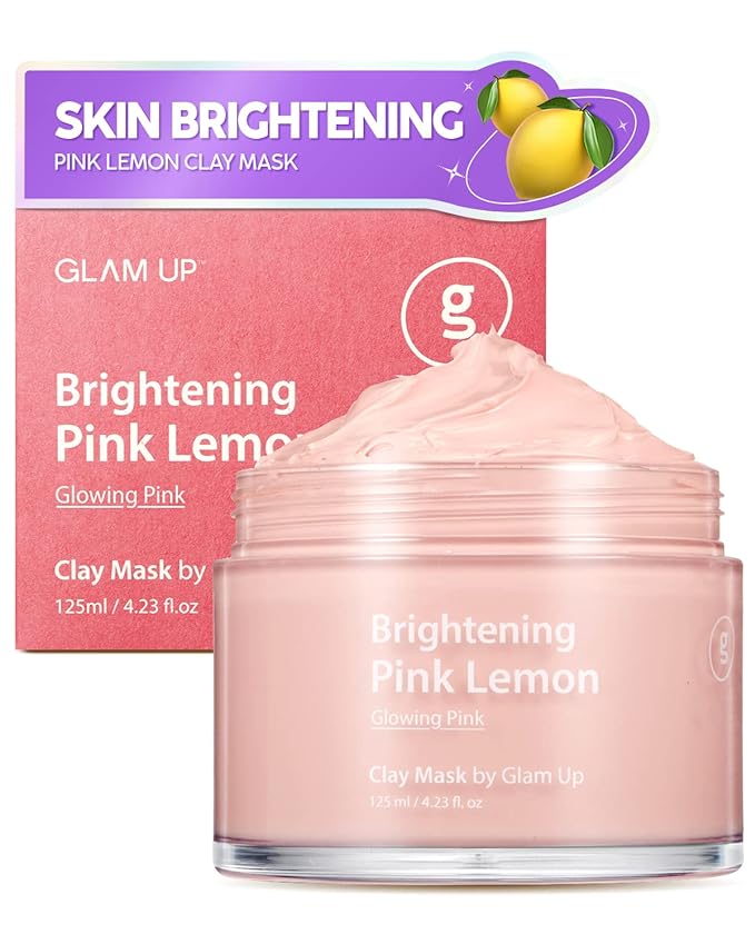 GLAM UP Brightening Pink Lemon Clay Mask - Vitamin C, Bentonite and Kaolin Clay Face Mask for Dark Spots- Deep Cleansing Pink Clay Mask for Face and Body - Vegan, Cruelty Free (125ml/4.23 Oz)