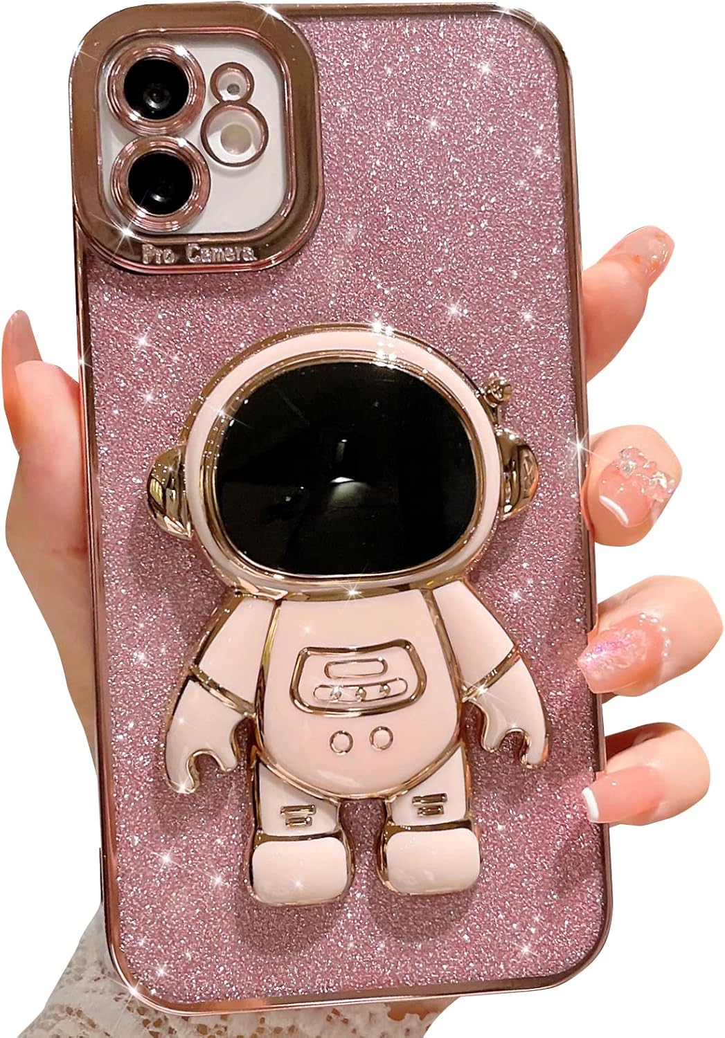 MGQILING Compatible for iPhone 11 Bling Plating Astronaut Hidden Stand Case, Cute 6D Stand Glitter Phone Case for Women Girls Soft TPU Shockproof Back Cover - Pink