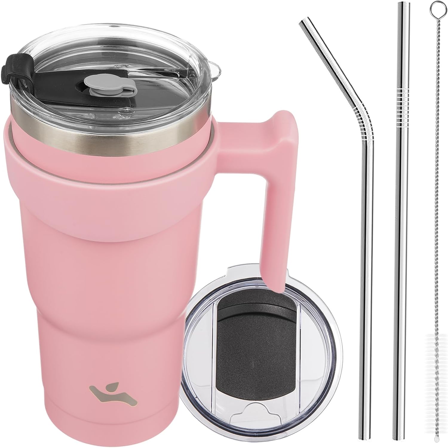 This tumbler comes with 2 stainless straws, one slightly at an angle for convenience and one straight. Also comes with two lids, one a standard commuter style, the other with a hold for the straw plus a slot for drinking directly from the tumbler. It's stainless steel lined, insulated and has a removable handle which I love. It's a good buy when you consider the accessories and solid construction. Color is beautiful too.