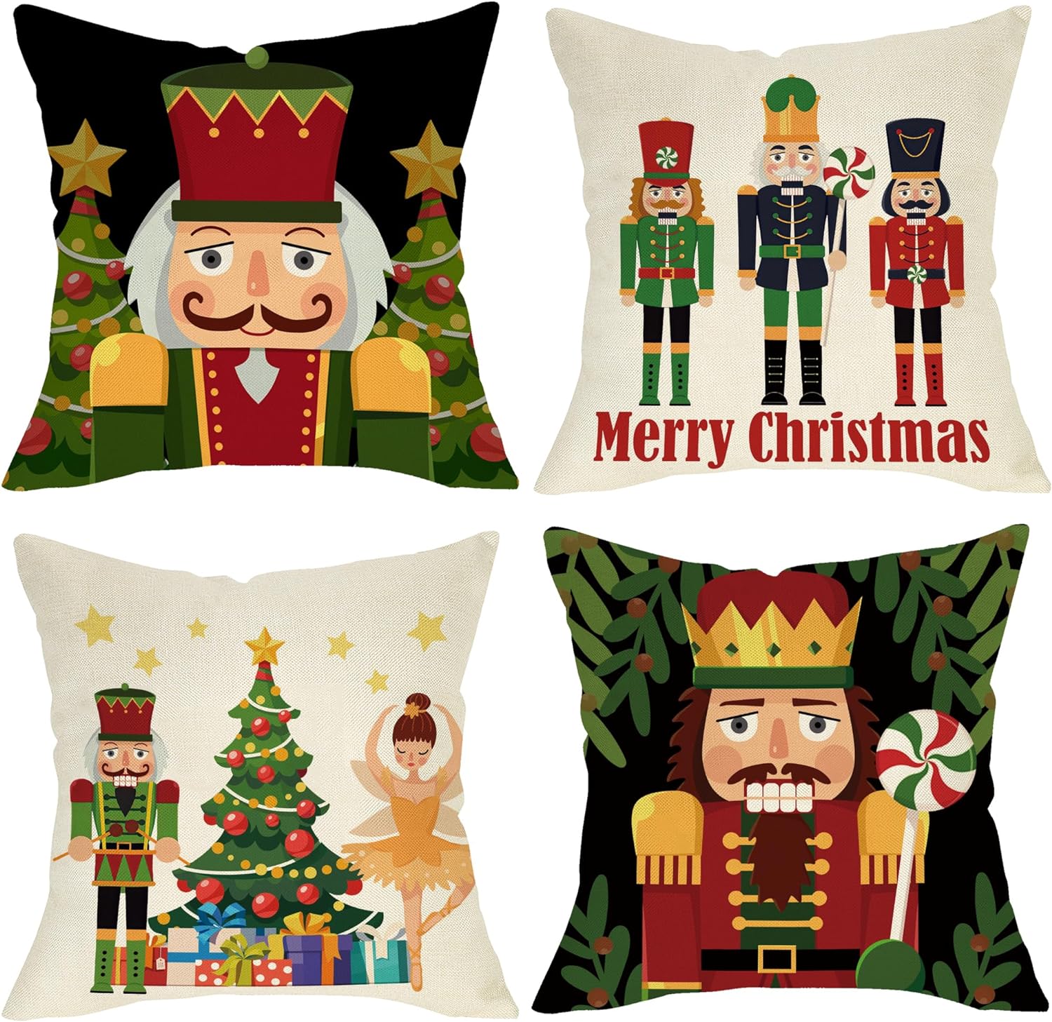 Merry Christmas Nutcracker Decorative Throw Pillow Cover 18 x 18 Set of 4, Xmas Tree Cartoon Wooden Soldier Toy Porch Patio Outdoor Home Decor, Winter Holiday Women Girl Gifts Couch Cushion Case