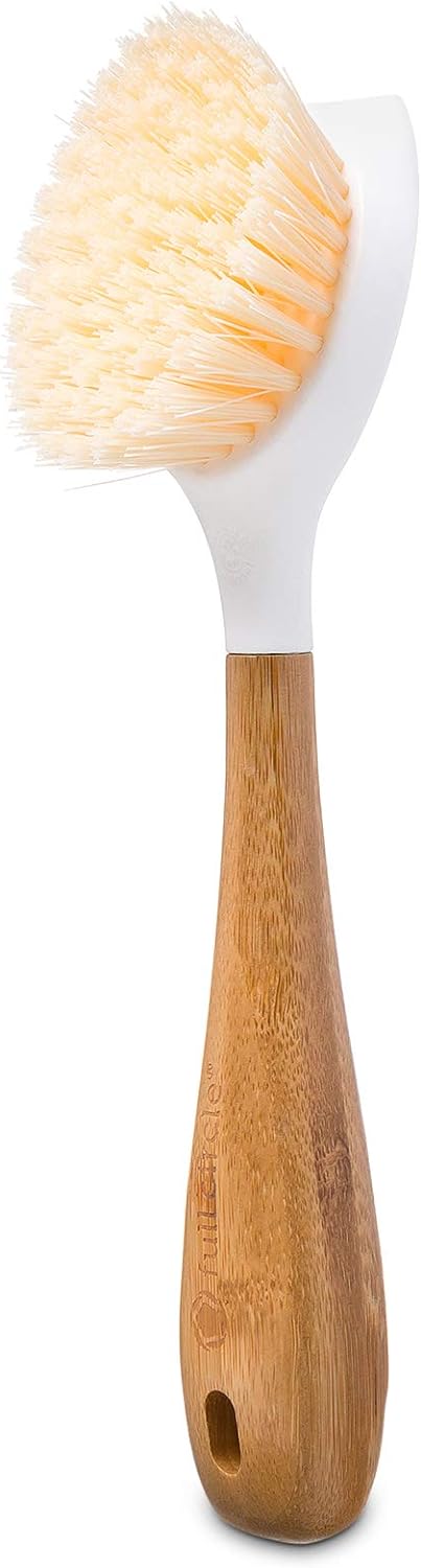 Full Circle Be Good Bamboo Handle Dish Brush  Sustainable Kitchen Cleaning with Tough Bristles - Natural Dish Scrubber & Cast Iron Cleaner - Long Handle Brush for Dishes, Pots, and Pans, White