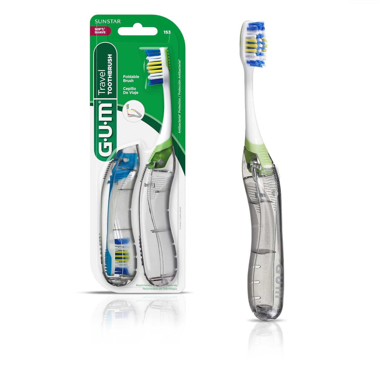 GUM Folding Travel Toothbrush, Compact Head   Tongue Cleaner, Soft Bristled Travel Toothbrushes for Adults, 2ct