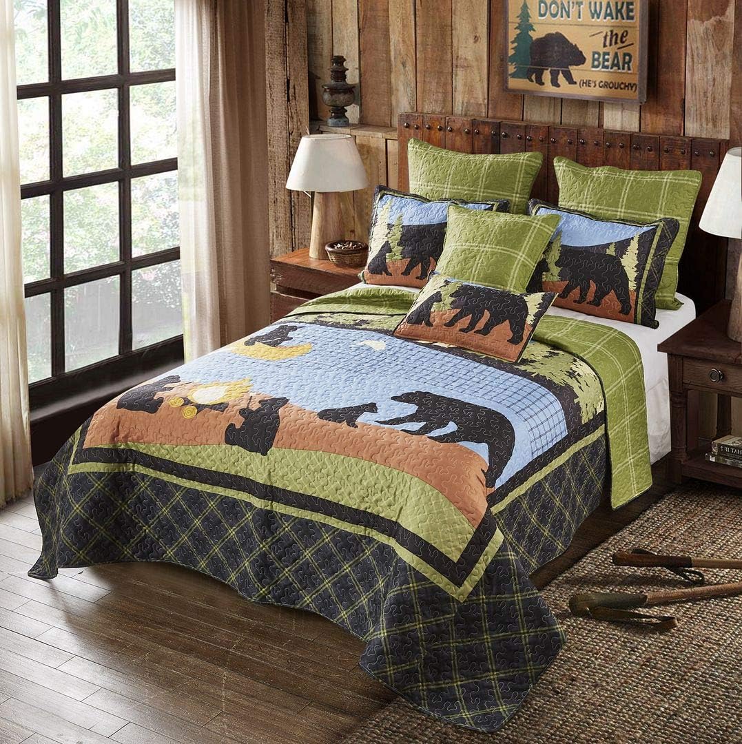 Virah Bella 3 Piece King Lodge Quilt Bedding Set - Bear Lake - Rustic Cabin Country Reversible Camping Comforter Set with Decorative Pillow Shams, Green/Blue