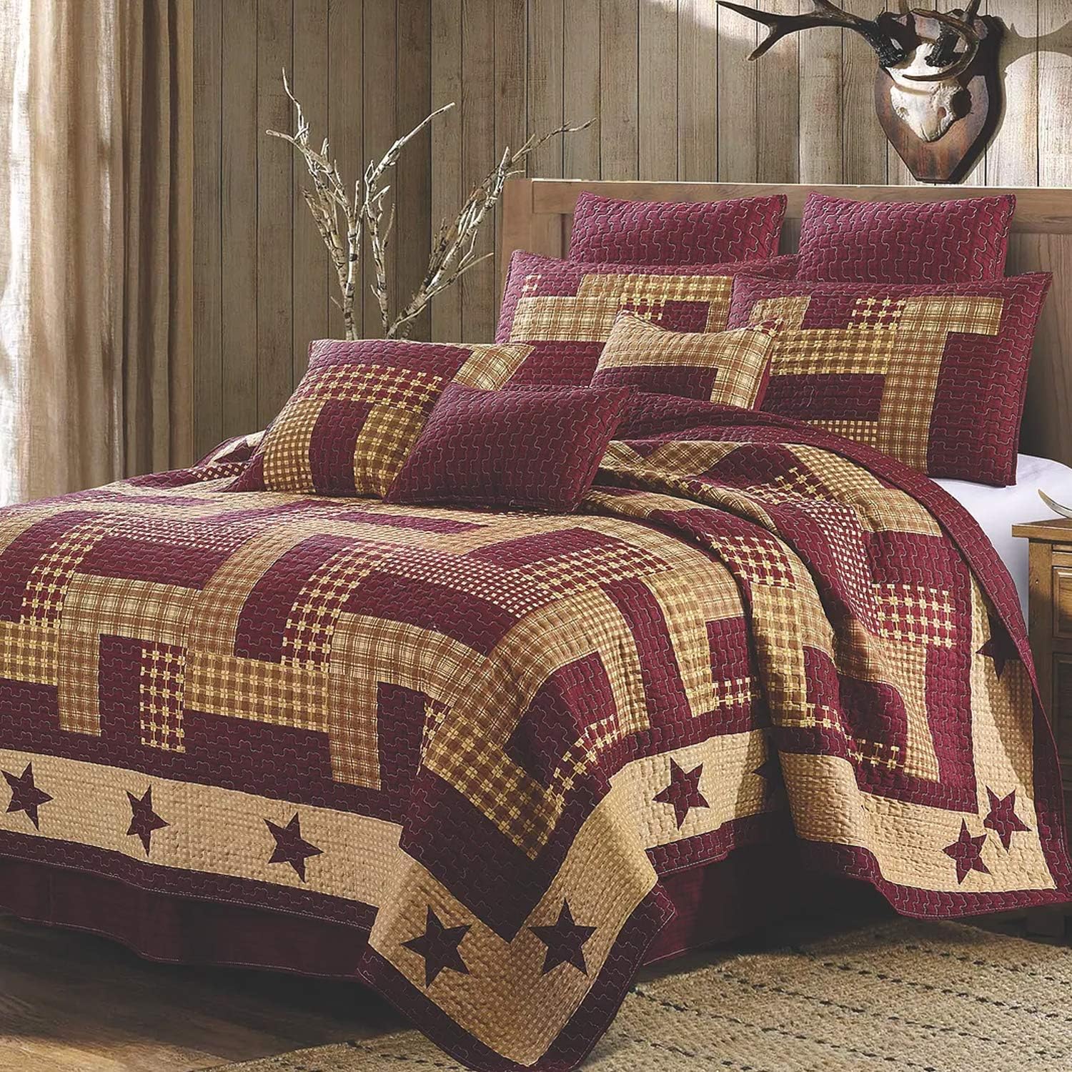 Virah Bella 3 Piece King Cabin Quilt Bedding Set - Homestead Red - Rustic Country Reversible Patchwork Comforter Set with Decorative Pillow Shams