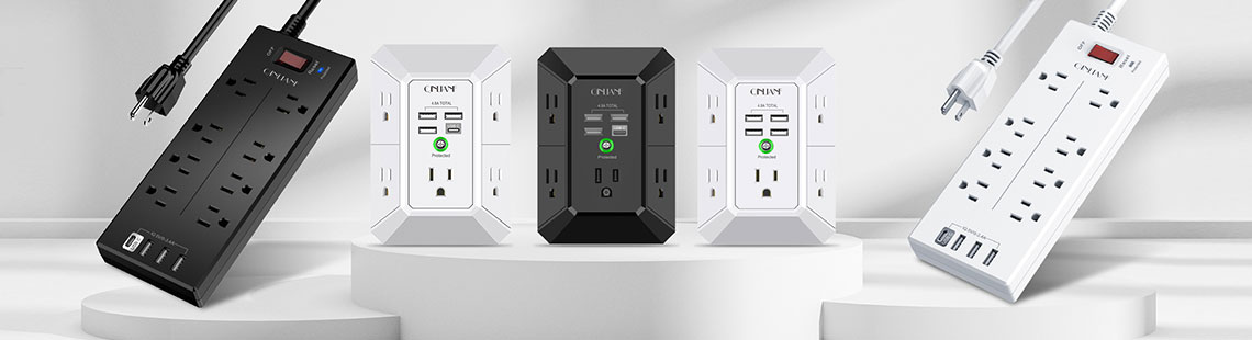 Wall Charger, Surge Protector, QINLIANF 5 Outlet Extender with 4 USB Charging Ports (4.8A Total) 3-Sided 1680J Power Strip Multi Plug Adapter Spaced for Home Travel Office (3U1C)