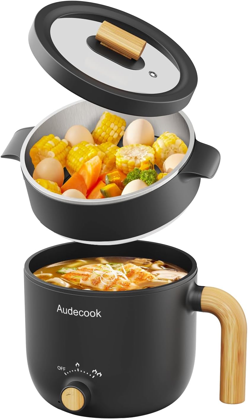 Audecook Hot Pot Electric with Steamer, 1.5L Portable Nonstick Rapid Ramen Cooker, Travel Electric Skillet with Dual Power Control for Pasta/Soup/Steak/Egg/Oatmeal(Black)