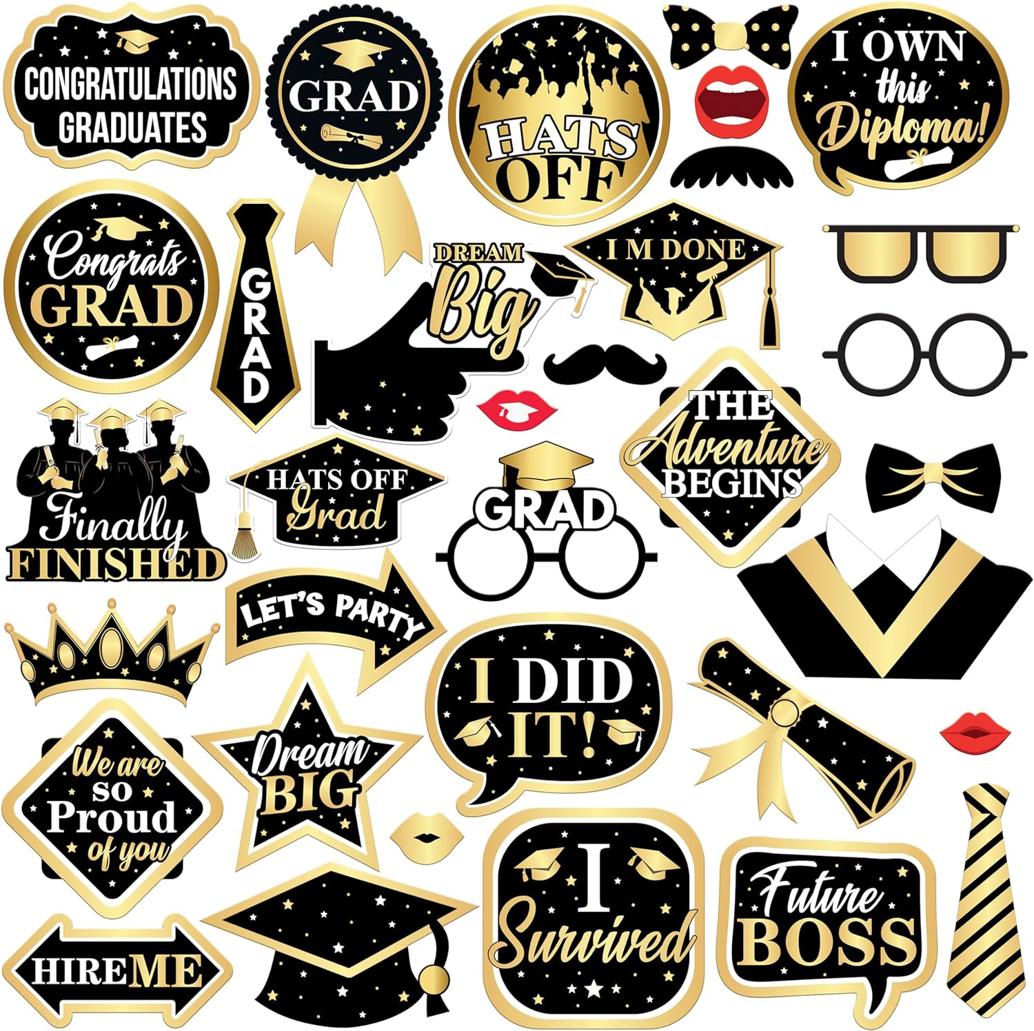 KatchOn, Graduation Photo Booth Props 2024 - Big, Pack of 34 | Black and Gold Graduation Photo Props 2024, Graduation Decorations Class of 2024 Photo Booth Props | Graduation Props for Photoshoot 2024