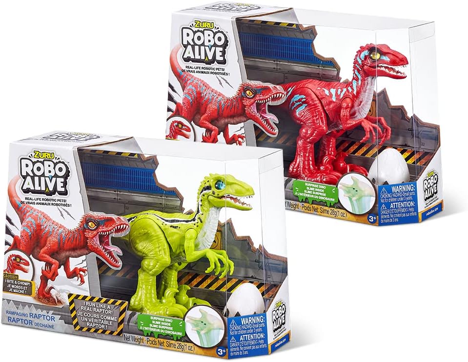 Robo Alive Robotic Dinosaur Toys (2 Sets) Green Raptor   Red Raptor (Mail Box) by ZURU, Toys for Boys 3 Years Old and Up, Birthday Gifts