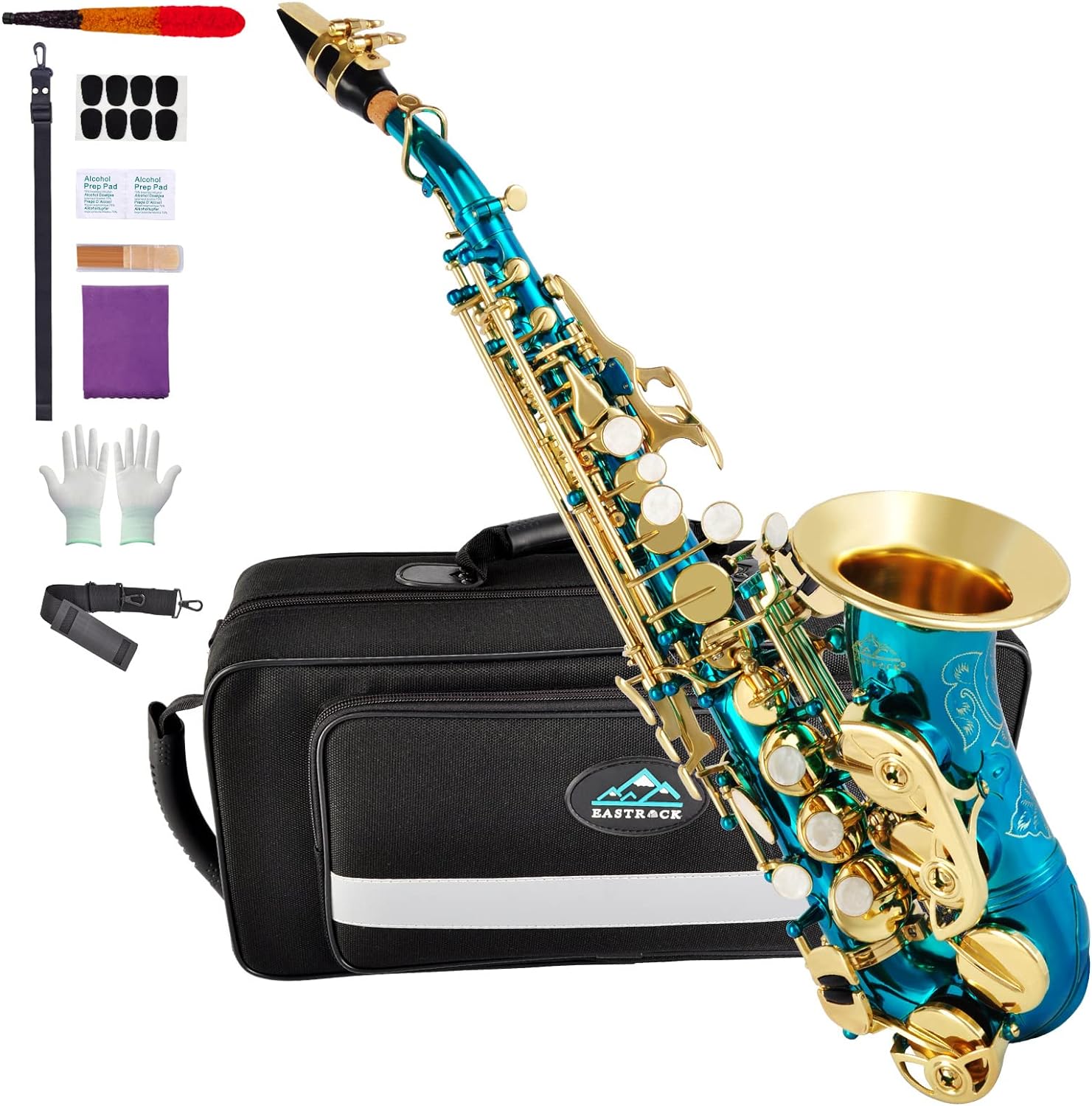 EASTROCK Soprano Saxophone Curved Bb Flat blue Sax Instruments for Beginners Intermediate Players with Carrying Case,Mouthpiece,Pads,Reed,Cleaning kit,neck Strap,White Gloves