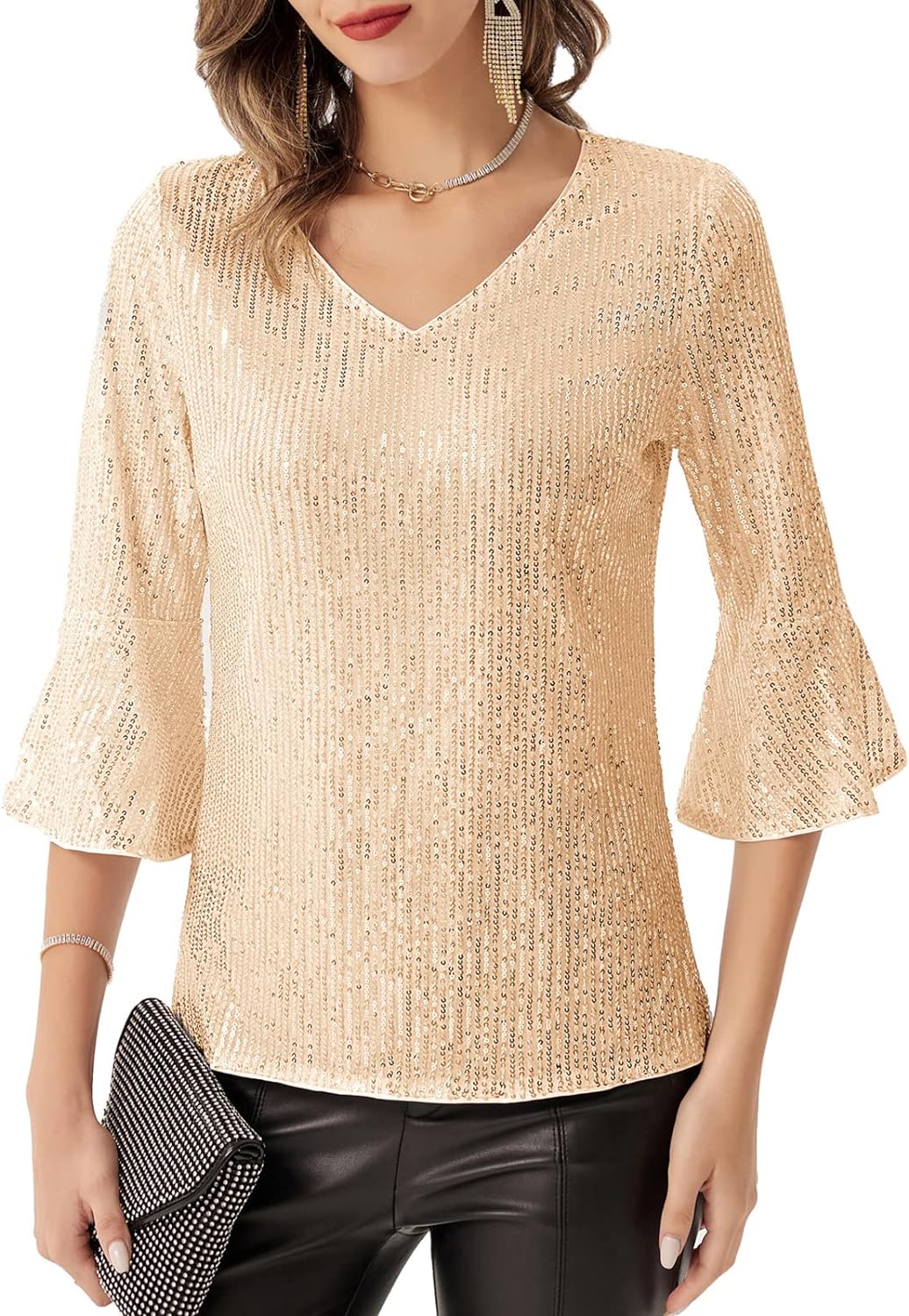 GRACE KARIN Sequin Tops for Women 3/4 Bell Sleeve V-Neck Cut-Out Shiny Metallic Sparkly Glitter Party Tops Blouse